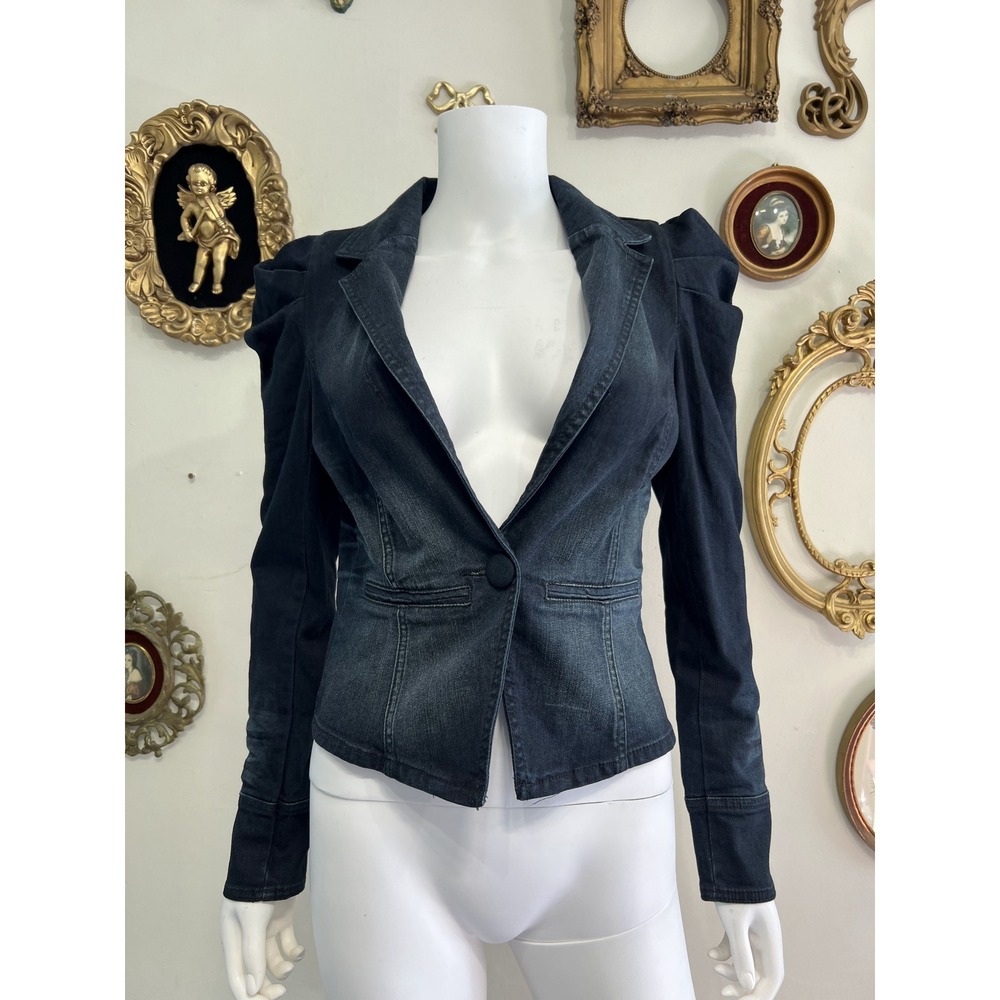 Vero Moda Jeans Vintage Y2K Dark Wash Denim Blazer Puff Shoulder Jacket XS NWT